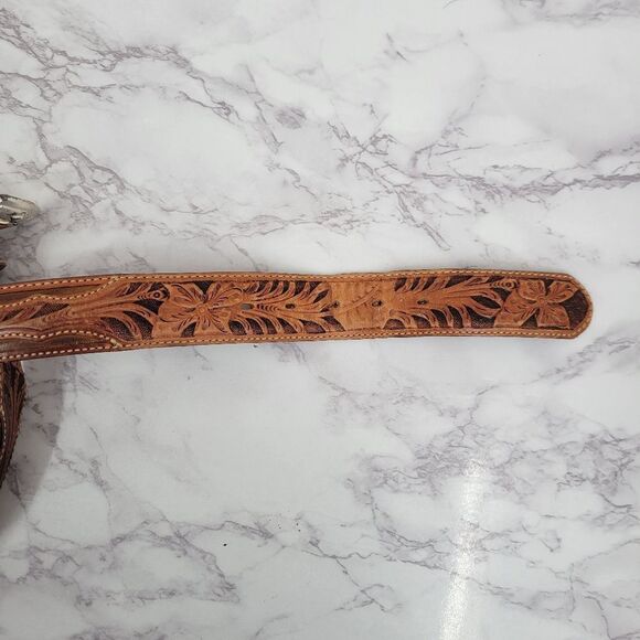 Tony Lama Brown Leather Floral Tooled Belt with Silver Buckle Top Hand - Picture 12 of 16